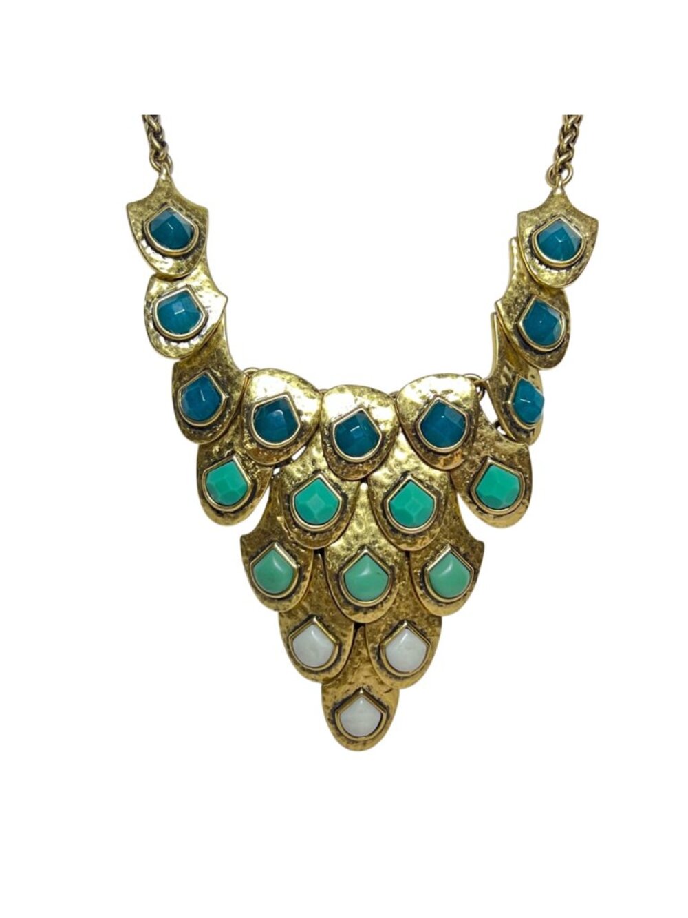 Lucky Brand Hammered Gold Tone Scale Bib Necklace W/ Semi Precious Accents (6356 - Picture 2 of 6